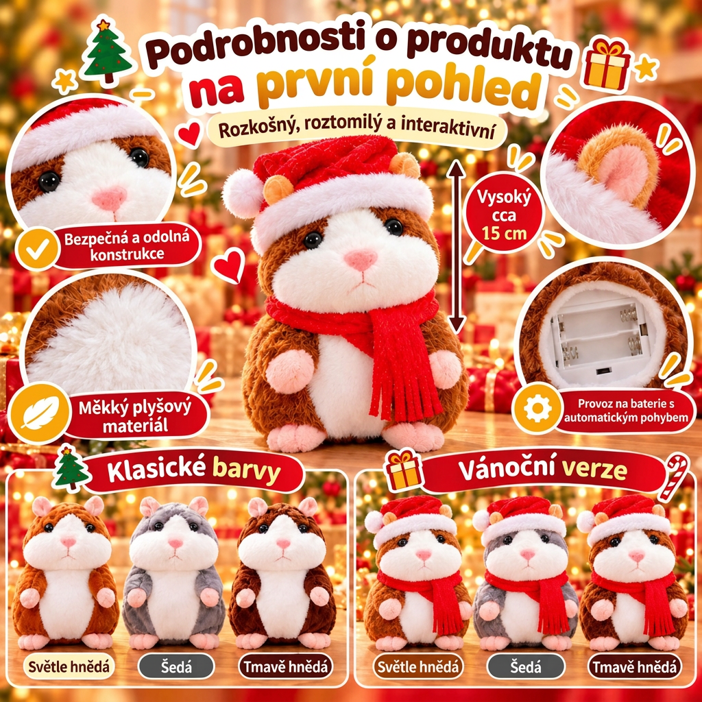 🎄 Beszélő Plüsshörcsög 🐹 – Ismétli a Szavaidat és Viccesen Bólogat! Tökéletes Karácsonyi Ajándék 🎁